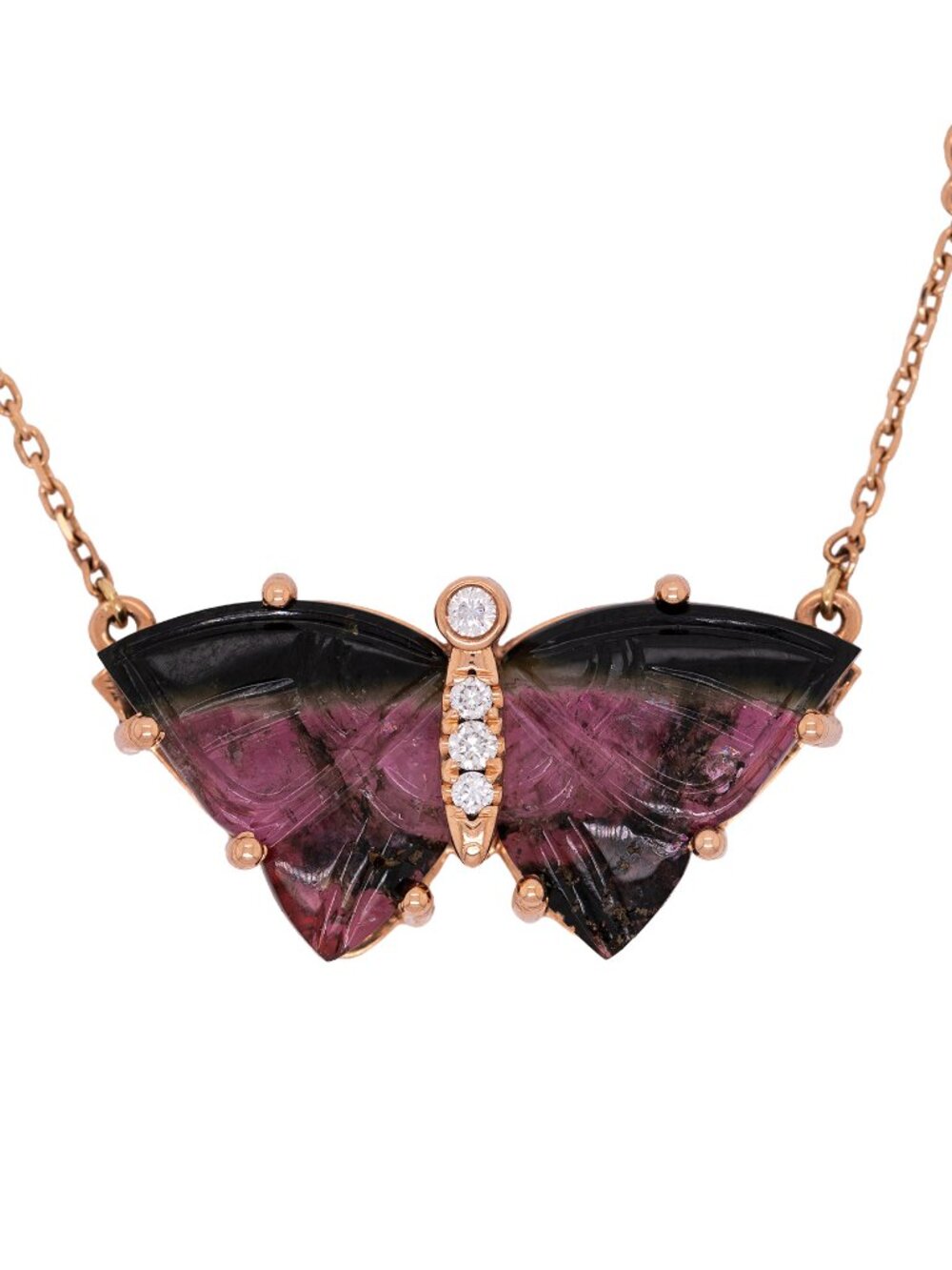14K Gold Butterfly Necklace with Brazilian Tourmaline & Diamond Station Chain